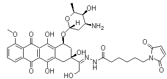 structure of CAS# 151038-96-9, INNO-206;DOXO-EMCH;  Doxorubicin-EMCH; N'-[(1E)-1-{4-[(3-Amino-2,3,6-trideoxyhexopyranosyl)oxy]-2,5,12-trihydroxy-7-methoxy-6,11-dioxo-1,2,3,4,6,11-hexahydro-2-tetracenyl}-2-hydroxyethylidene]-6-(2,5-dioxo-2,5-dihydro-1H-pyrrol-1-yl)hexane hydrazide