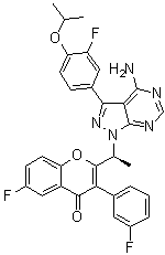 structure of CAS# 1532533-67-7, 2-[(1S)-1-[4-Amino-3-[3-fluoro-4-(1-methylethoxy)phenyl]-1H-pyrazolo[3,4-d]pyrimidin-1-yl]ethyl]-6-fluoro-3-(3-fluorophenyl)-4H-1-benzopyran-4-one;RP 5264; TGR 1202