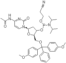 structure of CAS# 154110-40-4, Ac-dC Phosphoramidite;N-Acetyl-5'-O-[bis(4-methoxyphenyl)phenylmethyl]-2'-deoxy-3'-[2-cyanoethyl-N,N-bis(1-methylethyl)phosphoramidite]cytidine