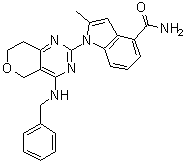 structure of CAS# 1542705-92-9, 1-[7,8-Dihydro-4-[(phenylmethyl)amino]-5H-pyrano[4,3-d]pyrimidin-2-yl]-2-methyl-1H-indole-4-carboxamide;CB 5083