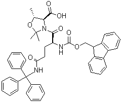 structure of CAS# 1572725-72-4, (4S,5R)-3-[(2S)-2-[[(9H-Fluoren-9-ylmethoxy)carbonyl]amino]-1,5-dioxo-5-[(triphenylmethyl)amino]pentyl]-2,2,5-trimethyl-4-oxazolidinecarboxylic acid