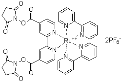 (OC-6-22)-Bis(2,2'-bipyridine-N,N')[1,1'-[[2,2'-bipyridine]-4,4'-diylbis(carbonyloxy)]bis[2,5-pyrrolidinedione]]-ruthenium bis[hexafluorophosphate] molecular structure (CAS 160525-49-5)