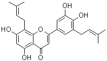 structure of CAS# 161068-53-7, Epimedokoreanin B;2-[3,4-Dihydroxy-5-(3-methyl-2-buten-1-yl)phenyl]-5,7-dihydroxy-8-(3-methyl-2-buten-1-yl)-4H-1-benzopyran-4-one