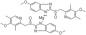结构式 CAS# 161973-10-0, 埃索美拉唑镁; 5-甲氧基-2-[(4-甲氧基-3,5-二甲基吡啶-2-基)甲基亚磺酰基]苯并咪唑-1-基镁