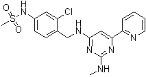 structure of CAS# 1621175-65-2, N-[3-Chloro-4-[[[2-(methylamino)-6-(2-pyridinyl)-4-pyrimidinyl]amino]methyl]phenyl]methanesulfonamide