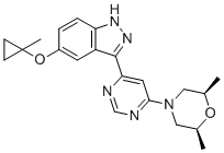 structure of CAS# 1627091-47-7, MLi-2-Bio-X;(2R,6S)-2,6-dimethyl-4-[6-[5-(1-methylcyclopropyl)oxy-1H-indazol-3-yl]pyrimidin-4-yl]morpholine