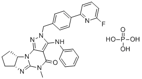 structure of CAS# 1642303-38-5, Lenrispodun phosphate;(11R,15S)-5-anilino-4-[[4-(6-fluoropyridin-2-yl)phenyl]methyl]-8-methyl-1,3,4,8,10-pentazatetracyclo[7.6.0.02,6.011,15]pentadeca-2,5,9-trien-7-one;phosphoric acid
