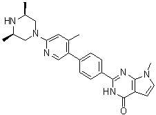 结构式 CAS# 1645286-75-4, rel-2-[4-[6-[(3R,5S)-3,5-二甲基-1-哌嗪基]-4-甲基-3-吡啶基]苯基]-3,7-二氢-7-甲基-4H-吡咯并[2,3-d]嘧啶-4-酮