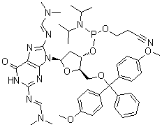5'-O-[Bis(4-methoxyphenyl)phenylmethyl]-2'-deoxy-N-[(dimethylamino)methylene]-8-[[(dimethylamino)methylene]amino]guanosine 3'-[2-cyanoethyl bis(1-methylethyl)phosphoramidite] molecular structure (CAS 166092-91-7)