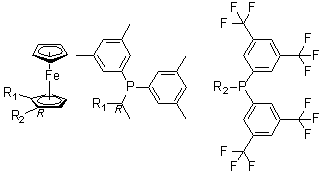 (1R)-1-[Bis[3,5-bis(trifluoromethyl)phenyl]phosphino]-2-[(1R)-1-[bis(3,5-dimethylphenyl)phosphino]ethyl]ferrocene molecular structure (CAS 166172-63-0)