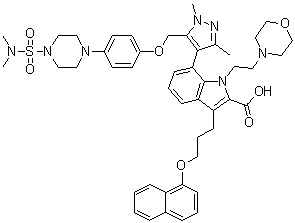 结构式 CAS# 1668553-26-1, 7-[5-[[4-[4-[(二甲基氨基)磺酰基]-1-哌嗪基]苯氧基]甲基]-1,3-二甲基-1H-吡唑-4-基]-1-[2-(4-吗啉基)乙基]-3-[3-(1-萘基氧基)丙基]-1H-吲哚-2-羧酸