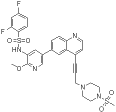 2,4-Difluoro-N-[2-methoxy-5-[4-[3-[4-(methylsulfonyl)-1-piperazinyl]-1-propyn-1-yl]-6-quinolinyl]-3-pyridinyl]benzenesulfonamide molecular structure (CAS 1676893-24-5)