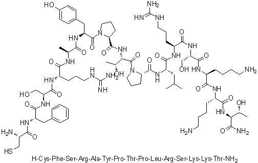 L-Cysteinyl-L-phenylalanyl-L-seryl-L-arginyl-L-alanyl-L-tyrosyl-L-prolyl-L-threonyl-L-prolyl-L-leucyl-L-arginyl-L-seryl-L-lysyl-L-lysyl-L-threoninamide molecular structure (CAS 168782-25-0)