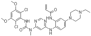 structure of CAS# 1702259-66-2, N-[2-[[6-[[[(2,6-Dichloro-3,5-dimethoxyphenyl)amino]carbonyl]methylamino]-4-pyrimidinyl]amino]-5-(4-ethyl-1-piperazinyl)phenyl]-2-propenamide