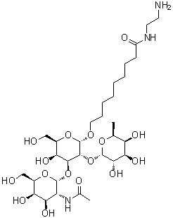 9-[[O-2-(Acetylamino)-2-deoxy-alpha-D-galactopyranosyl-(1→3)-O-[6-deoxy-alpha-L-galactopyranosyl-(1→2)]-alpha-D-galactopyranosyl]oxy]-N-(2-aminoethyl)nonanamide molecular structure (CAS 170298-33-6)