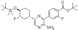 structure of CAS# 1715032-87-3, 4-[3-Amino-6-[(1S,3S,4S)-4-[[(1,1-dimethylethyl)dimethylsilyl]oxy]-3-fluorocyclohexyl]-2-pyrazinyl]-2-fluorobenzoic acid 1,1-dimethylethyl ester