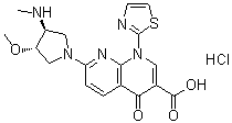 structure of CAS# 175519-16-1, (3S-trans)-1,4-Dihydro-7-[3-methoxy-4-(methylamino)-1-pyrrolidinyl]-4-oxo-1-(2-thiazolyl)-1,8-naphthyridine-3-carboxylic acid monohydrochloride;AG 7352 Hydrochloride