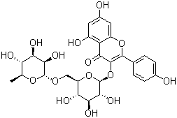 structure of CAS# 17650-84-9, Kaempferol 3-O-rutinoside;Nicotifiorin; Nicotiflorine; Nicotifloroside; 3-[[6-O-(6-Deoxy-alpha-L-mannopyranosyl)-beta-D-glucopyranosyl]oxy]-5,7-dihydroxy-2-(4-hydroxyphenyl)-4H-1-benzopyran-4-one; Kaempferol 3-rhamnoglucoside; Kaempferol 3-rutinoside