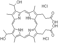 structure of CAS# 17696-69-4, Hematoporphyrin dihydrochloride;Hematoporphyrin IX dihydrochloride; 7,12-Bis(1-hydroxyethyl)-3,8,13,17-tetramethyl-21H,23H-porphine-2,18-dipropanoic acid hydrochloride