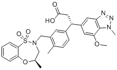 structure of CAS# 1799974-70-1, KI696;(3s)-3-(7-Methoxy-1-Methyl-1h-Benzo[d][1,2,3]triazol-5-Yl)-3-(4-Methyl-3-(((R)-4-Methyl-1,1-Dioxido-3,4-Dihydro-2h-Benzo[b][1,4,5]oxathiazepin-2-Yl)methyl)phenyl)propanoic Acid