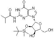 structure of CAS# 182007-86-9, 2'-O-(tert-Butyldimethylsilyl)-N-isobutyrylguanosine;N-[9-[(2R,3R,4R,5R)-3-[tert-butyl(dimethyl)silyl]oxy-4-hydroxy-5-(hydroxymethyl)oxolan-2-yl]-6-oxo-1H-purin-2-yl]-2-methylpropanamide