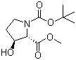 structure of CAS# 184046-78-4, (2S,3S)-3-Hydroxy-1,2-pyrrolidinedicarboxylic acid 1-tert-butyl 2-methyl ester;(2S,3S)-1-(tert-Butoxycarbonyl)-3-hydroxypyrrolidine-2-carboxylic acid methyl ester; (2S,3S)-N-(tert-Butyloxycarbonyl)-3-hydroxy-2-pyrrolidinecarboxylic acid methyl ester; N-(tert-Butoxycarbonyl)-(3S)-hydroxy-L-proline methyl ester
