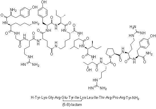 L-Tyrosyl-L-lysylglycyl-L-arginyl-L-alpha-glutamyl-L-tyrosyl-L-isoleucyl-L-lysyl-L-leucyl-L-isoleucyl-L-threonyl-L-arginyl-L-prolyl-L-arginyl-L-tyrosinamide (5→8)-lactam molecular structure (CAS 185032-24-0)