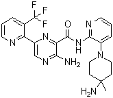 3-Amino-N-[3-(4-amino-4-methylpiperidin-1-yl)pyridin-2-yl]-6-[3-(trifluoromethyl)pyridin-2-yl]pyrazine-2-carboxamide molecular structure (CAS 1874276-76-2)