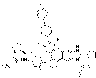 (2S,2'S)-2,2'-[[(2R,5R)-1-[3,5-Difluoro-4-[4-(4-fluorophenyl)-1-piperidinyl]phenyl]-2,5-pyrrolidinediyl]bis(6-fluoro-1H-benzimidazole-5,2-diyl)]bis-1-pyrrolidinecarboxylic acid 1,1'-bis(1,1-dimethylethyl) ester molecular structure (CAS 1890114-11-0)