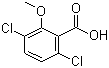 structure of CAS# 1918-00-9, Dicamba;2,5-Dichloro-6-methoxybenzoic acid; 2-Methoxy-3,6-dichlorobenzoic acid; 3,6-Dichloro-o-anisic acid; 3,6-Dichloro-2-methoxybenzoic acid
