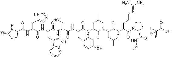 structure of CAS# 1926163-23-6, Leuprolide Acetate EP Impurity E;N-[1-[[1-[[1-[[1-[[1-[[1-[[5-(diaminomethylideneamino)-1-[2-(ethylcarbamoyl)pyrrolidin-1-yl]-1-oxopentan-2-yl]amino]-4-methyl-1-oxopentan-2-yl]amino]-4-methyl-1-oxopentan-2-yl]amino]-3-(4-hydroxyphenyl)-1-oxopropan-2-yl]amino]-3-hydroxy-1-oxopropan-2-yl]amino]-3-(1H-indol-3-yl)-1-oxopropan-2-yl]amino]-3-(1H-imidazol-5-yl)-1-oxopropan-2-yl]-5-oxopyrrolidine-2-carboxamide;2,2,2-trifluoroacetic acid