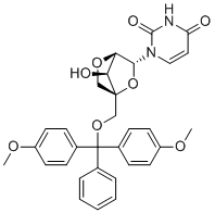 structure of CAS# 195705-32-9, (1R,3R,4R,7S)-1-(4,4'-Dimethoxytrityloxymethyl)-7-hydroxy-3-(uracil-1-yl)-2,5-dioxabicyclo[2.2.1]heptane;1-[(1R,3R,4R,7S)-1-[[bis(4-methoxyphenyl)-phenylmethoxy]methyl]-7-hydroxy-2,5-dioxabicyclo[2.2.1]heptan-3-yl]pyrimidine-2,4-dione