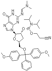 5'-O-[Bis(4-methoxyphenyl)phenylmethyl]-3'-deoxy-N-[(dimethylamino)methylene]guanosine 2'-[2-cyanoethyl N,N-bis(1-methylethyl)phosphoramidite] molecular structure (CAS 196391-62-5)