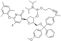 5'-O-[Bis(4-methoxyphenyl)phenylmethyl]-2'-deoxy-5-fluoro-4-O-(2,4,6-trimethylphenyl)-uridine 3'-[2-cyanoethyl bis(1-methylethyl)phosphoramidite] molecular structure (CAS 198080-36-3)