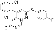 structure of CAS# 209410-46-8, VX-745;5-(2,6-Dichlorophenyl)-2-((2,4-difluorophenyl)thio)-6H-pyrimido[1,6-b]pyridazin-6-one; 5-(2,6-Dichlorophenyl)-2-(2,4-difluorophenyl)sulfanylpyridazino[6,1-f]pyrimidin-6-one