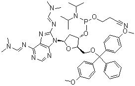 5'-O-[Bis(4-methoxyphenyl)phenylmethyl]-2'-deoxy-N-[(dimethylamino)methylene]-8-[[(dimethylamino)methylene]amino]adenosine 3'-[2-cyanoethyl bis(1-methylethyl)phosphoramidite] molecular structure (CAS 211676-21-0)
