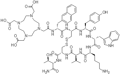 3-(2-Naphthalenyl)-N-[[4,7,10-tris(carboxymethyl)-1,4,7,10-tetraazacyclododec-1-yl]acetyl]-D-alanyl-L-cysteinyl-L-tyrosyl-D-tryptophyl-L-lysyl-L-valyl-L-cysteinyl-L-threoninamide cyclic (2→7)-disulfide molecular structure (CAS 213187-44-1)