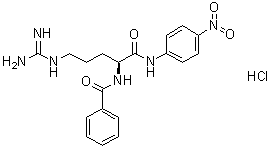structure of CAS# 21653-40-7, Nalpha-Benzoyl-L-arginine-p-nitroanilide hydrochloride;N-[(1S)-4-[(Aminoiminomethyl)amino]-1-[[(4-nitrophenyl)amino]carbonyl]butyl]benzamide hydrochloride