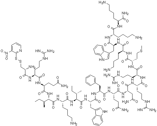 3-[(3-Nitro-2-pyridinyl)dithio]-L-alanyl-L-arginyl-L-glutaminyl-L-isoleucyl-L-lysyl-L-isoleucyl-L-tryptophyl-L-phenylalanyl-L-glutaminyl-L-asparaginyl-L-arginyl-L-arginyl-L-methionyl-L-lysyl-L-tryptophyl-L-lysyl-L-lysinamide molecular structure (CAS 220337-24-6)
