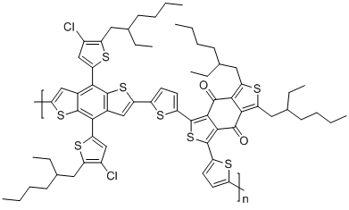 structure of CAS# 2239295-71-5, PBDB-T-2Cl;PCE14; Poly[[4,8-bis[5-(2-ethylhexyl)-4-chloro-2-thienyl]benzo[1,2-b:4,5-b']dithiophene-2,6-diyl]-2,5-thiophenediyl[5,7-bis(2-ethylhexyl)-4,8-dioxo-4H,8H-benzo[1,2-c:4,5-c']dithiophene-1,3-diyl]-2,5-thiophenediyl]