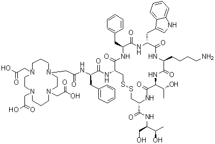 N-[[4,8,11-Tris(carboxymethyl)-1,4,8,11-tetraazacyclotetradec-1-yl]acetyl]-D-phenylalanyl-L-cysteinyl-L-phenylalanyl-D-tryptophyl-L-lysyl-L-threonyl-N-[(1R,2R)-2-hydroxy-1-(hydroxymethyl)propyl]-L-cysteinamide cyclic (2→7)-disulfide molecular structure (CAS 226084-96-4)