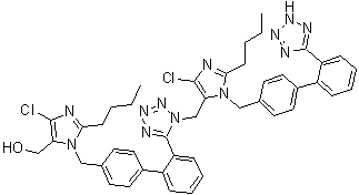 2-Butyl-1-[[2'-[1-[[2-butyl-4-chloro-1-[[2'-(2H-tetrazol-5-yl)[1,1'-biphenyl]-4-yl]methyl]-1H-imidazol-5-yl]methyl]-1H-tetrazol-5-yl][1,1'-biphenyl]-4-yl]methyl]-4-chloro-1H-imidazole-5-methanol molecular structure (CAS 230971-71-8)