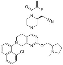 structure of CAS# 2326521-71-3, Adagrasib;2-[(2S)-4-[7-(8-chloronaphthalen-1-yl)-2-[[(2S)-1-methylpyrrolidin-2-yl]methoxy]-6,8-dihydro-5H-pyrido[3,4-d]pyrimidin-4-yl]-1-(2-fluoroprop-2-enoyl)piperazin-2-yl]acetonitrile