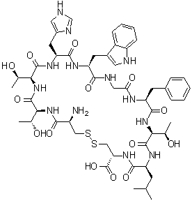 L-Cysteinyl-L-threonyl-L-threonyl-L-histidyl-L-tryptophylglycyl-L-phenylalanyl-L-threonyl-L-leucyl-L-cysteine cyclic (1→10)-disulfide molecular structure (CAS 244082-19-7)