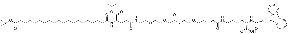 structure of CAS# 2460751-66-8, Fmoc-L-lys[C20-otbu-glu(otbu)-aeea-aeea]-OH;(2S)-2-(9H-fluoren-9-ylmethoxycarbonylamino)-6-[[2-[2-[2-[[2-[2-[2-[[(4R)-5-[(2-methylpropan-2-yl)oxy]-4-[[20-[(2-methylpropan-2-yl)oxy]-20-oxoicosanoyl]amino]-5-oxopentanoyl]amino]ethoxy]ethoxy]acetyl]amino]ethoxy]ethoxy]acetyl]amino]hexanoic acid