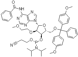 N-Benzoyl-5'-O-[bis(4-methoxyphenyl)phenylmethyl]-2'-O-(2-methoxyethyl)adenosine 3'-[2-cyanoethyl N,N-bis(1-methylethyl)phosphoramidite] molecular structure (CAS 251647-53-7)