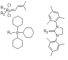 [1,3-Bis(2,4,6-trimethylphenyl)-2-imidazolidinylidene]dichloro(3-methyl-2-butenylidene)(tricyclohexylphosphine)ruthenium(II) molecular structure (CAS 253688-91-4)