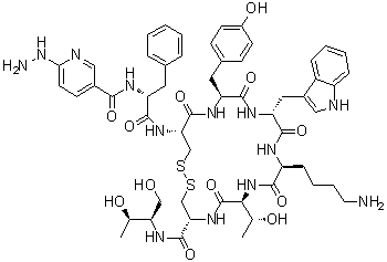 N-[(6-Hydrazino-3-pyridinyl)carbonyl]-D-phenylalanyl-L-cysteinyl-L-tyrosyl-D-tryptophyl-L-lysyl-L-threonyl-N-[(1R,2R)-2-hydroxy-1-(hydroxymethyl)propyl]-L-cysteinamide cyclic (2→7)-disulfide molecular structure (CAS 257943-19-4)
