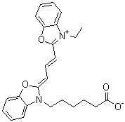 结构式 CAS# 260430-02-2, 2-[3-[3-(5-羧基戊基)-2(3H)-苯并恶唑亚基]-1-丙烯-1-基]-3-乙基苯并恶唑鎓内盐
