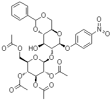 结构式 CAS# 26255-68-5, 对硝基苯基 4,6-O-亚苄基-2-O-beta-D-吡喃葡萄糖基-beta-D-吡喃葡萄糖苷 2',3',4',6'-四乙酸酯